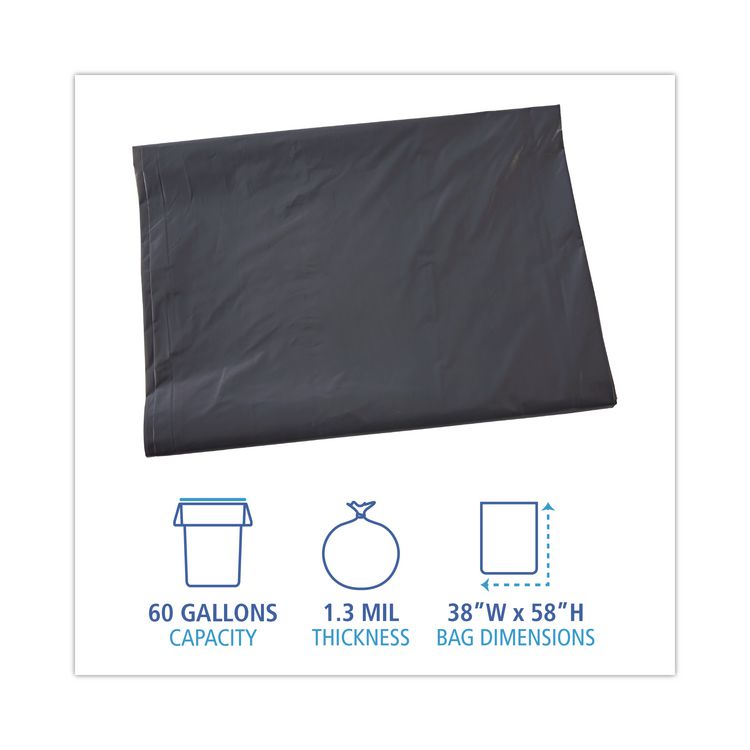 Linear Low Density Industrial Can Liners, 60 gal, 1.3 mil, 38" x 58", Gray, Flat Pack, 100/Carton
