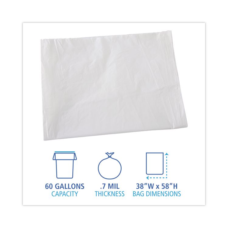 Linear Low Density Industrial Can Liners, 60 gal, 0.7 mil, 38" x 58", White, Flat Pack, 100/Carton