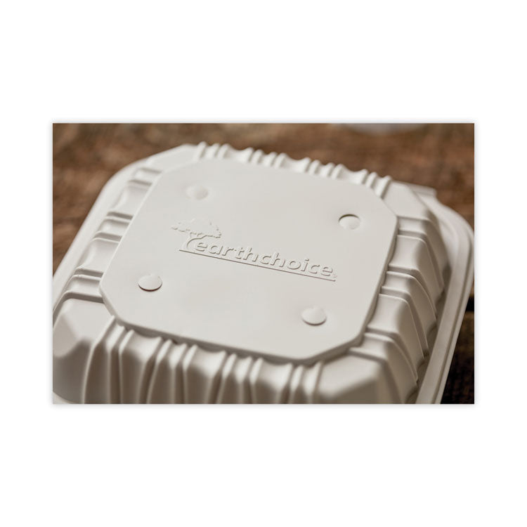 EarthChoice Vented Microwavable MFPP Hinged Lid Container, 3 Compartments, 8.4 x 8.7 x 3.1, White, Plastic, 146/Carton