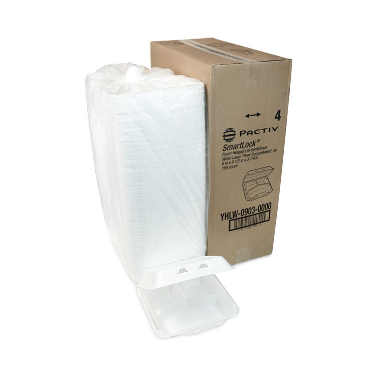 SmartLock Foam Hinged Lid Container, Large, 3 Compartments, 9 x 9.25 x 3.25, White, 150/Carton