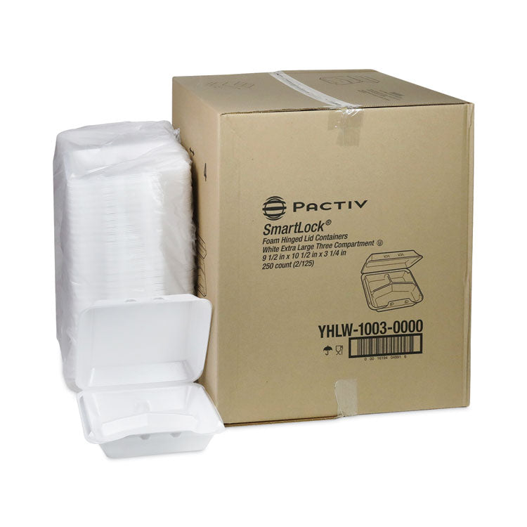 SmartLock Foam Hinged Lid Container, X-Large, 3 Compartments, 9.5 x 10.5 x 3.3, White, 250/Carton