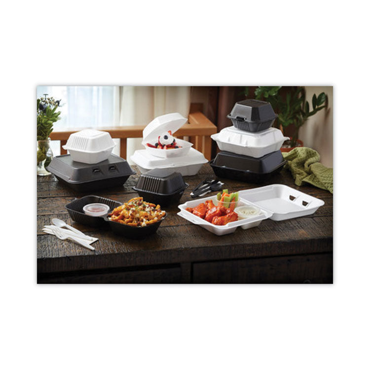 Vented Foam Hinged Lid Container, Dual Tab Lock Economy, 9.1 x 9 x 3.3, White, 150/Carton