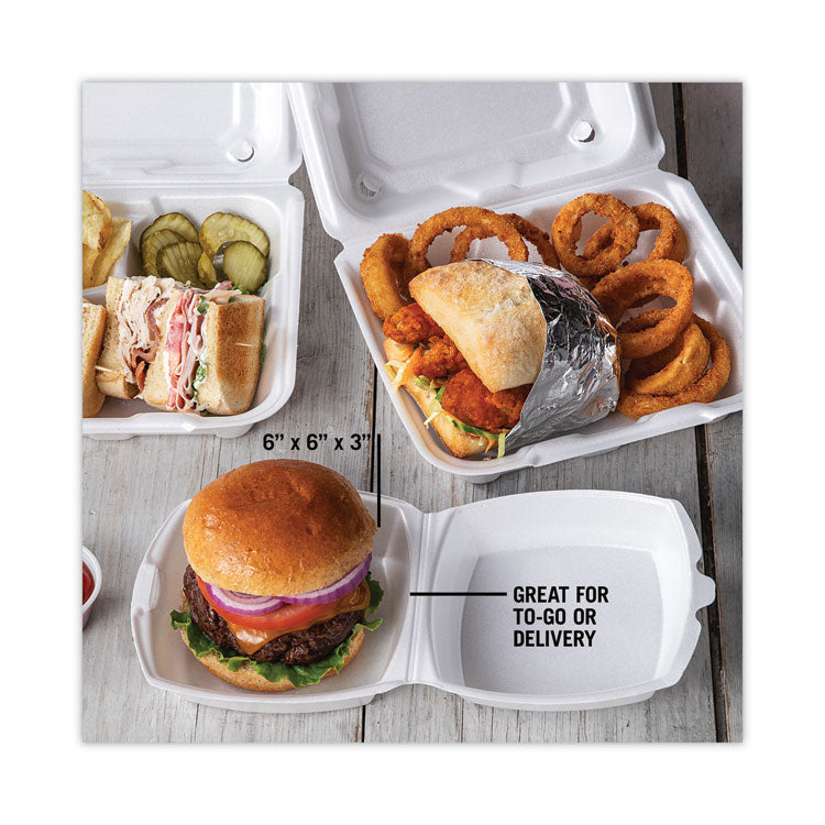 Foam Hinged Lid Container, Single Tab Lock, 6 x 6 x 3, White, 500/Carton