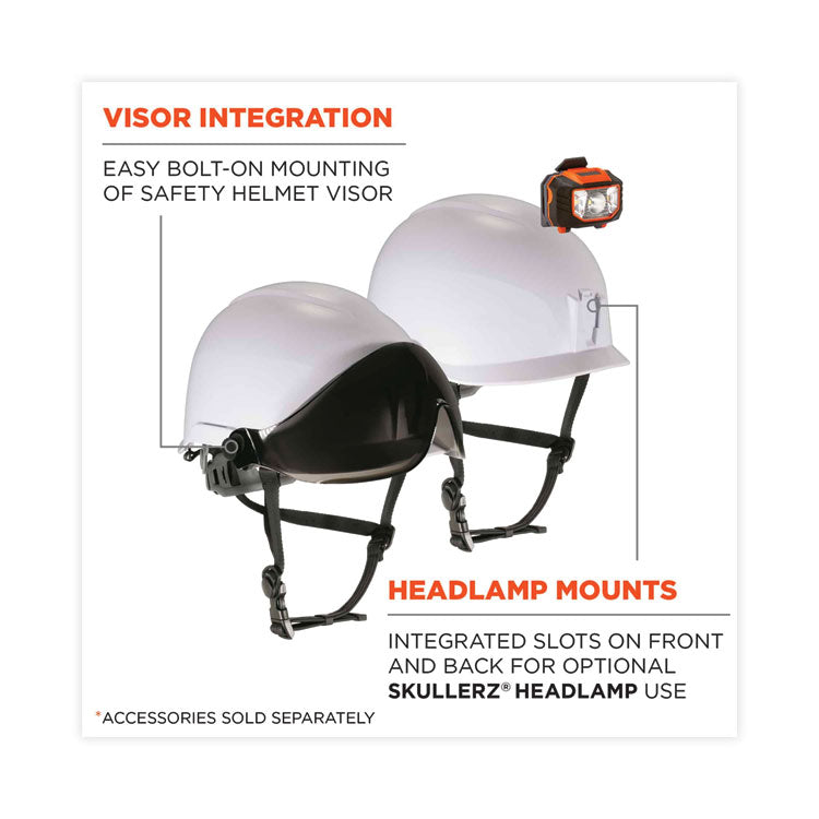 Skullerz 8974 Class E Safety Helmet, Micro Front Brim, 6-Point Standard Ratchet, One Size Fits Most (6.5 to 8), White