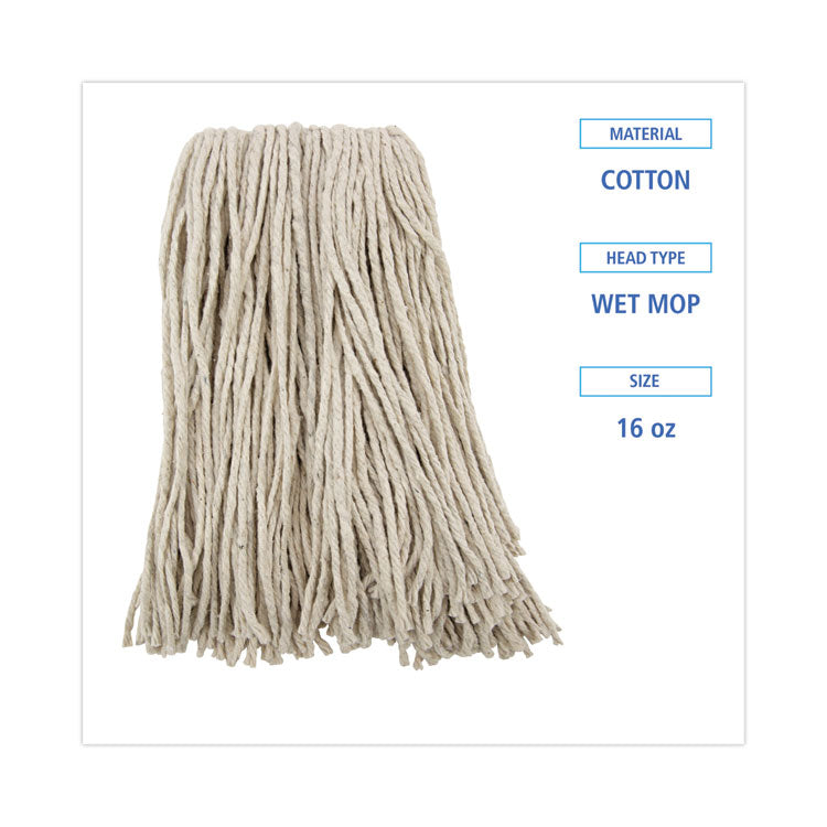 Premium Cut-End Wet Mop Heads, Cotton, 16 oz, White, 12/Carton