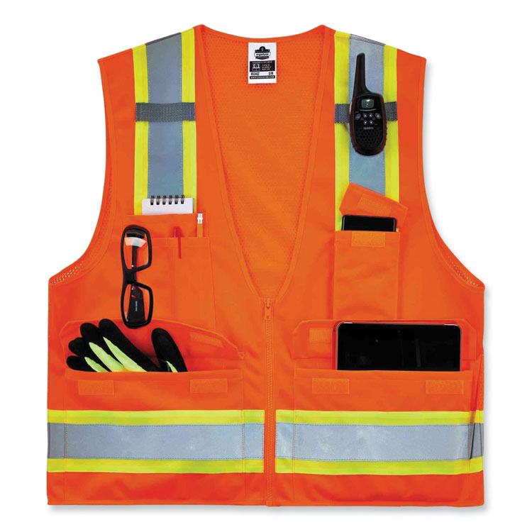 GloWear 8248Z Class 2 Two-Tone Surveyors Zipper Vest, Polyester, Large/X-Large, Orange
