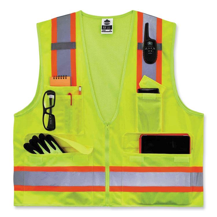 GloWear 8248Z Class 2 Two-Tone Surveyors Zipper Vest, Polyester, Large/X-Large, Lime