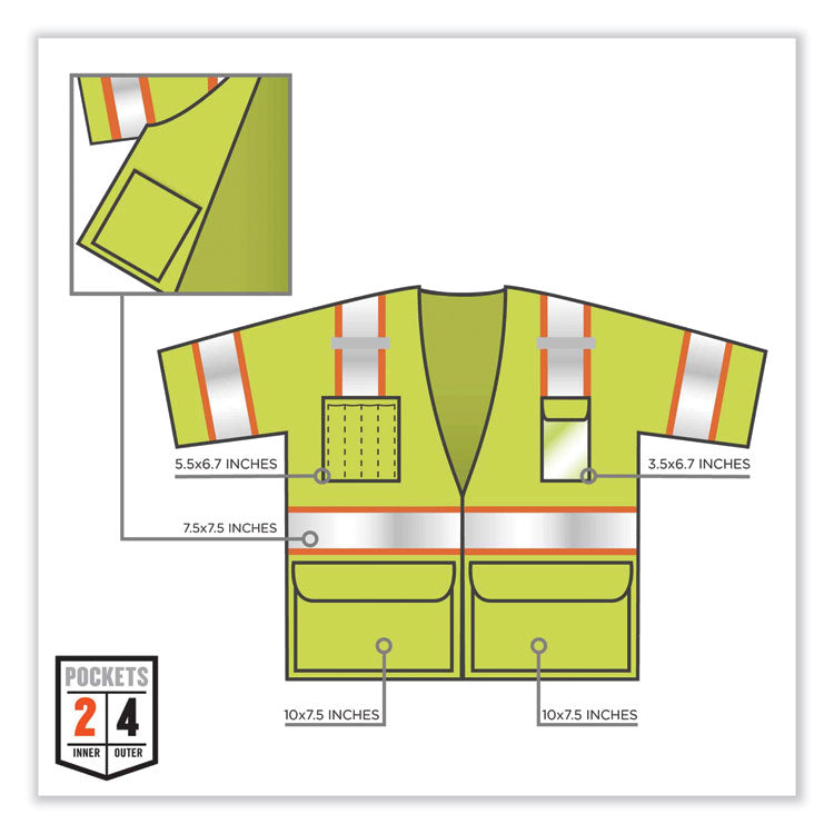 GloWear 8346Z Class 3 Two-Tone Hi-Vis Surveyor Zipper Vest, Polyester, Large/X-Large, Lime