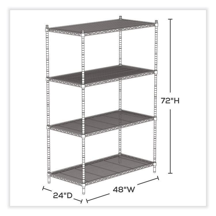 Industrial Wire Shelving, Four-Shelf, 48w x 24d x 72h, Black