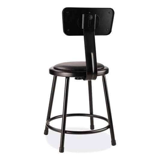 6400 Series Heavy Duty Vinyl Padded Stool with Backrest, Supports 300 lb, 18" Seat Height, Black Seat, Black Back, Black Base