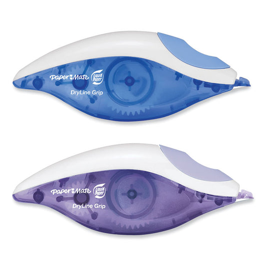 DryLine Grip Correction Tape, Non-Refillable, 0.2" x 27.92 ft, White Tape, Assorted Dispenser Colors, 2/Pack