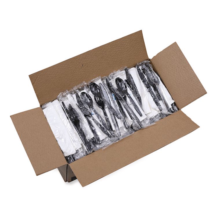 Six-Piece Cutlery Kit, Mediumweight, Fork/Knife/Napkin/Pepper/Salt/Spoon, Plastic, Black, 250/Carton
