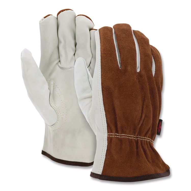 Dual Leather Industrial Gloves, Gunn Cut, Keystone Thumb, X-Large, Cream/Brown, 12 Pairs