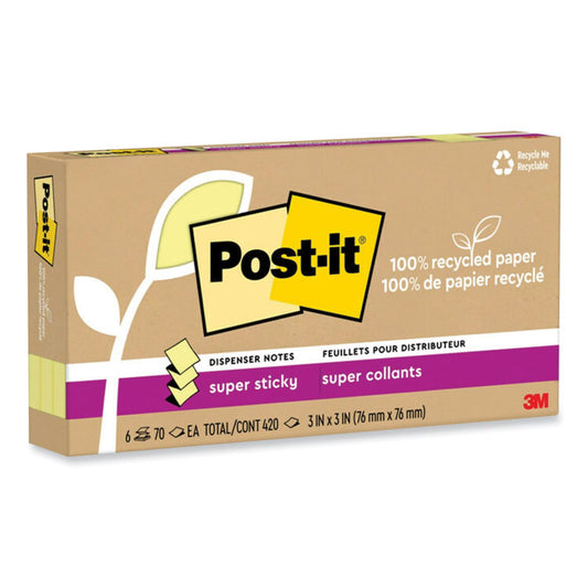 100% Recycled Paper Super Sticky Notes, 3" x 3", Canary Yellow, 70 Sheets/Pad, 6 Pads/Pack