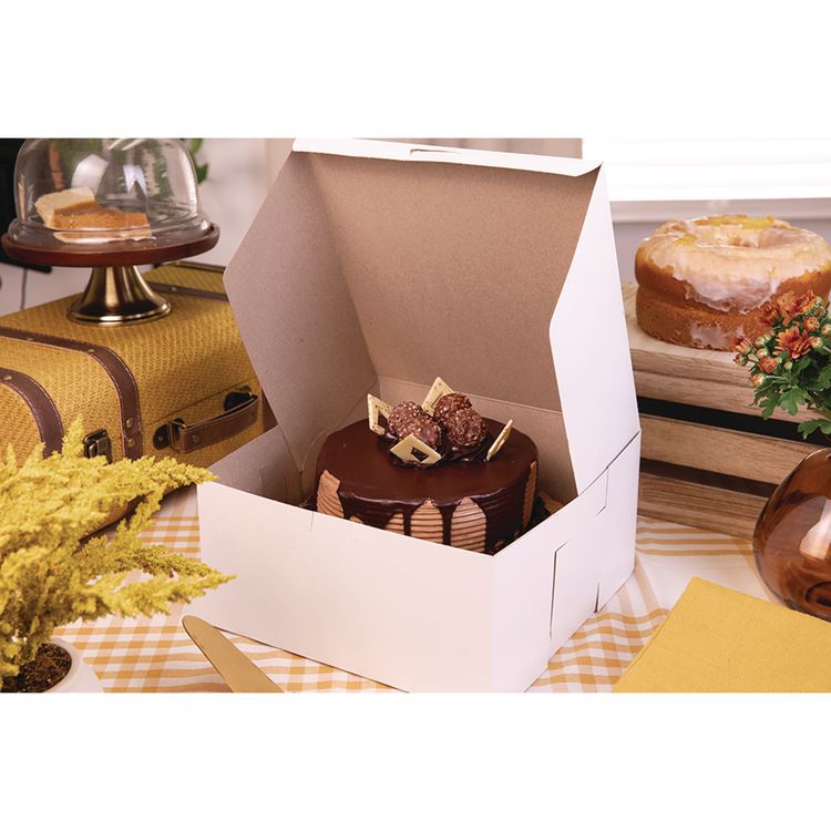 White One-Piece Non-Window Bakery Boxes, Standard, 10 x 10 x 5, White/Brown, Paper, 100/Bundle