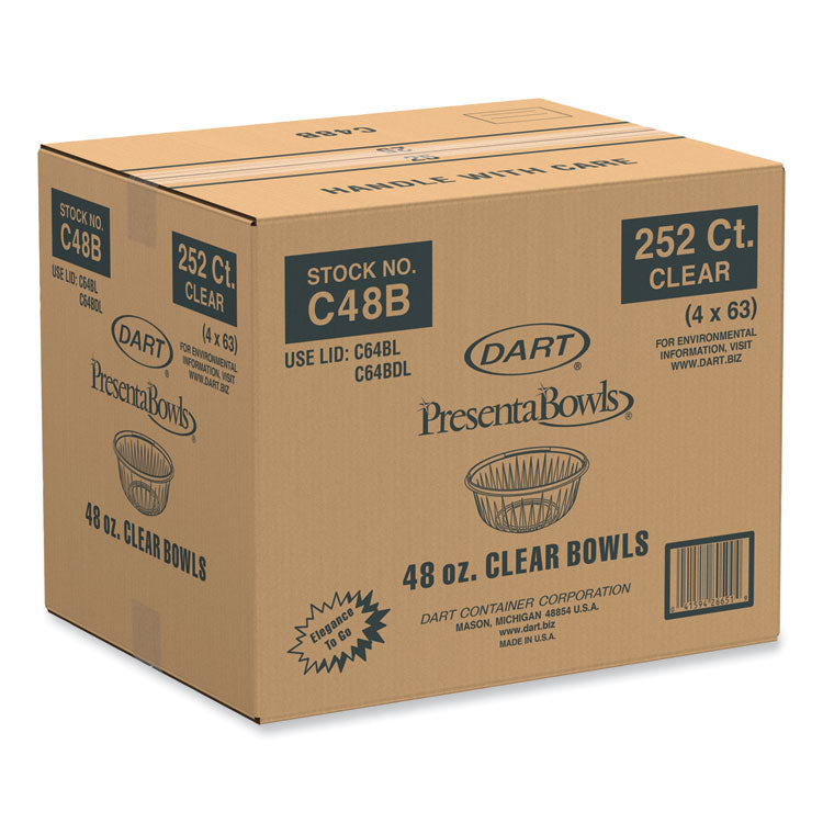 PresentaBowls Clear Bowls, 48 oz, Plastic, 63/Bag, 252/Carton