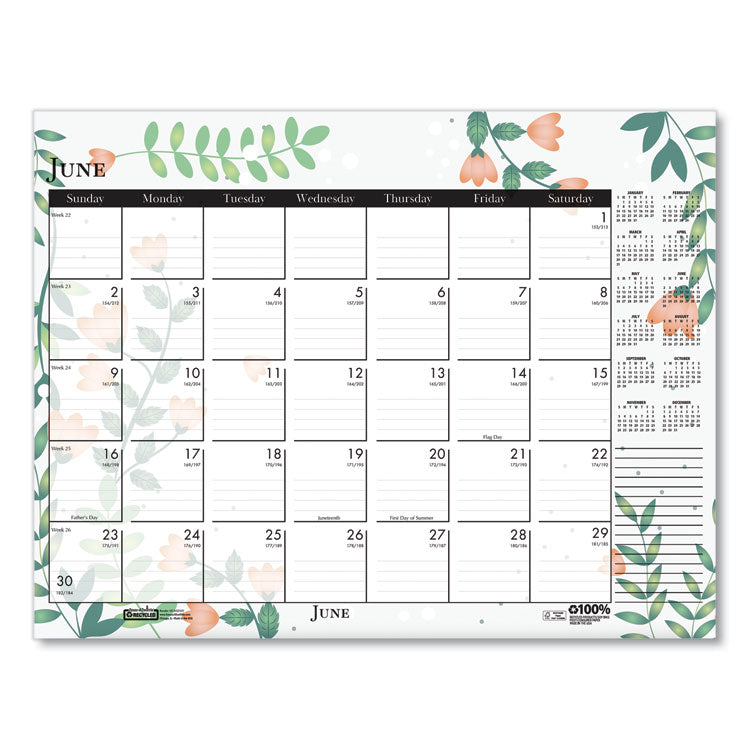Recycled Desk Pad Calendar, Wild Flowers Artwork, 22 x 17, White Sheets, Black Binding/Corners,12-Month (Jan-Dec): 2026