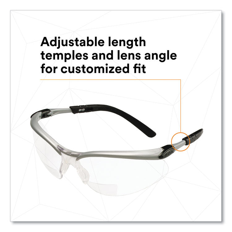 BX Molded-In Diopter Safety Glasses, 2.5+ Diopter, Silver/Black Half Frame, Clear Dual Lens