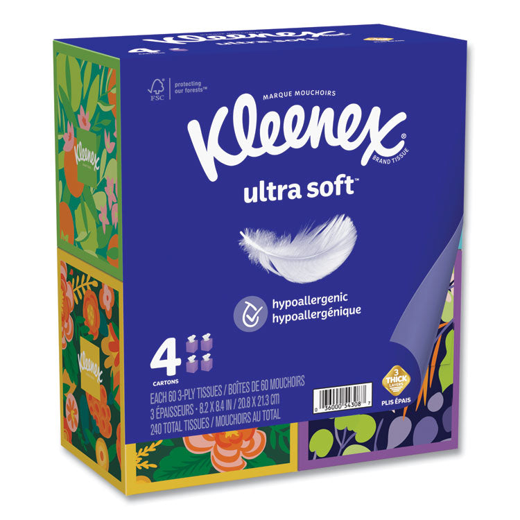 Ultra Soft Facial Tissue, 3-Ply, White, 60 Sheets/Box, 4 Boxes/Pack, 12 Packs/Carton