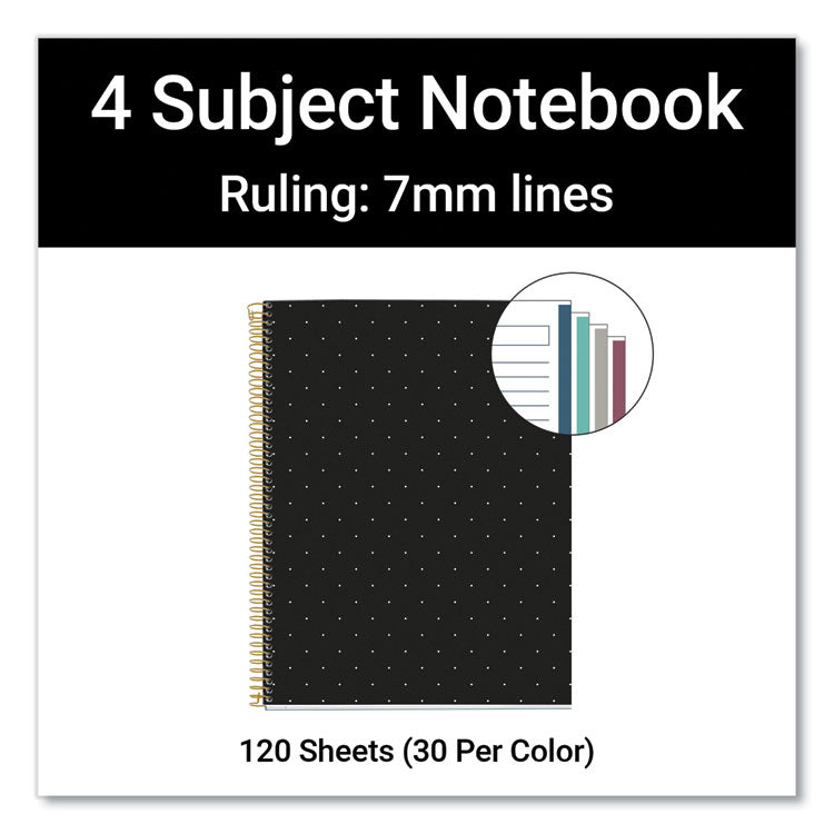 MR M Fashion Notebook, 4-Subject, Medium/College Rule, Black/Gold Cover, (120) 11 x 8.5 Sheets, 5/Carton