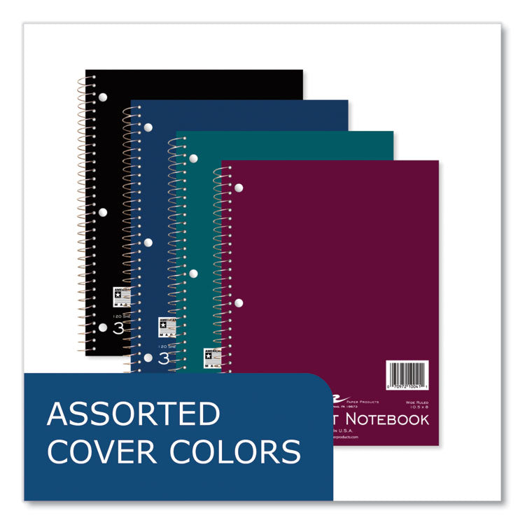 Subject Wirebound Promotional Notebook, 3-Subject, Wide/Legal Rule, Assorted Cover Colors, (120) 10.5 x 8 Sheets, 24/Carton