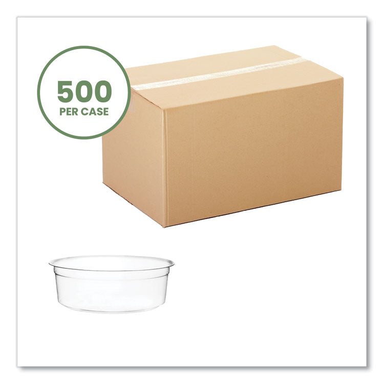 Round Deli Pots, Compostable, 8 oz, 4.6" Diameter x 1.5" h, Clear, Plastic, 500/Carton