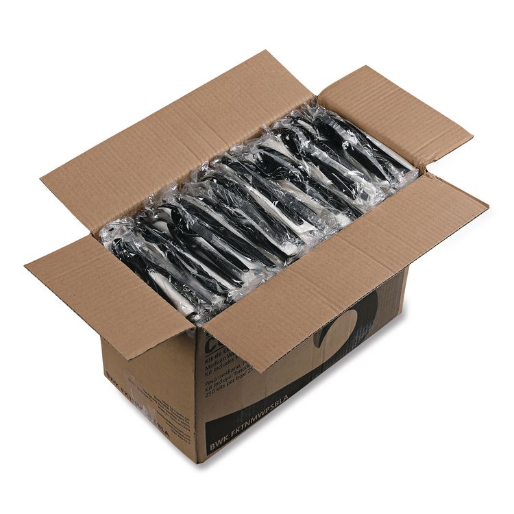 Four-Piece Cutlery Kit, Mediumweight, Fork/Knife/Napkin/Spoon, Plastic, Black, 250/Carton