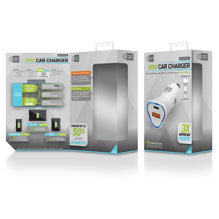 PD Car Charger, 30 W, Two-3 A Ports, White
