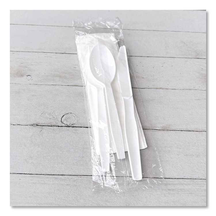 Four-Piece Polystyrene Cutlery Kit, Mediumweight, Fork/Knife/Napkin/Spoon, Plastic, White, 250/Carton