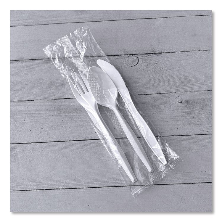 Three-Piece Cutlery Kit, Mediumweight, Fork/Knife/Spoon, 6.97", Plastic, White, 250/Carton