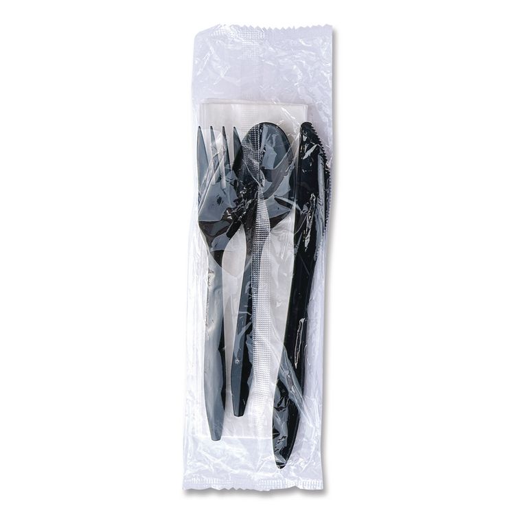 Four-Piece Cutlery Kit, Mediumweight, Fork/Knife/Napkin/Spoon, Plastic, 6.38", Black, 250/Carton