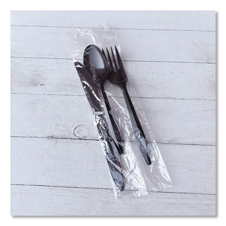 Three-Piece Polystyrene Cutlery Kit, Mediumweight, Fork/Knife/Spoon, Plastic, Black, 250/Carton