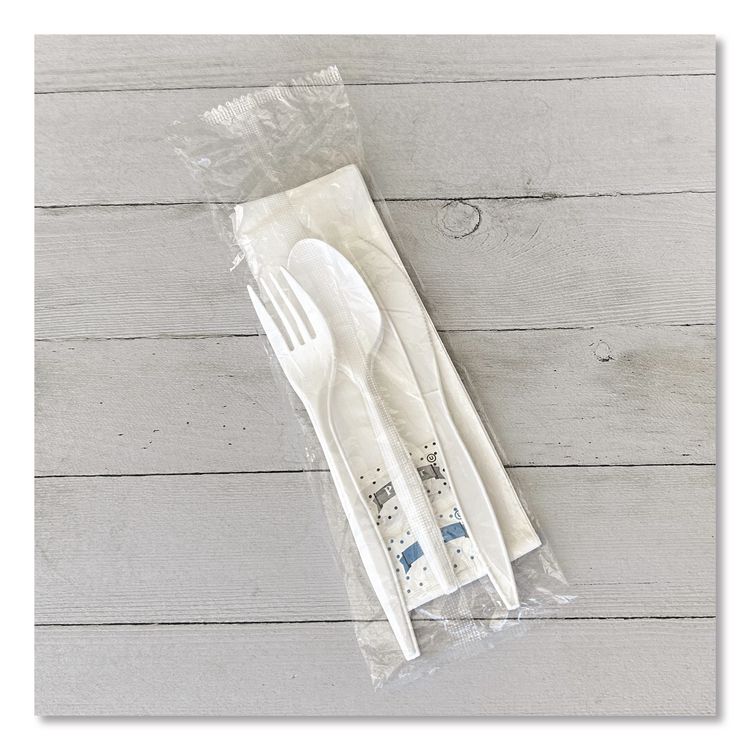 Six-Piece Cutlery Kit, Mediumweight, Fork/Knife/Napkin/Pepper/Salt/Spoon, 5.86", Plastic, White, 250/Carton