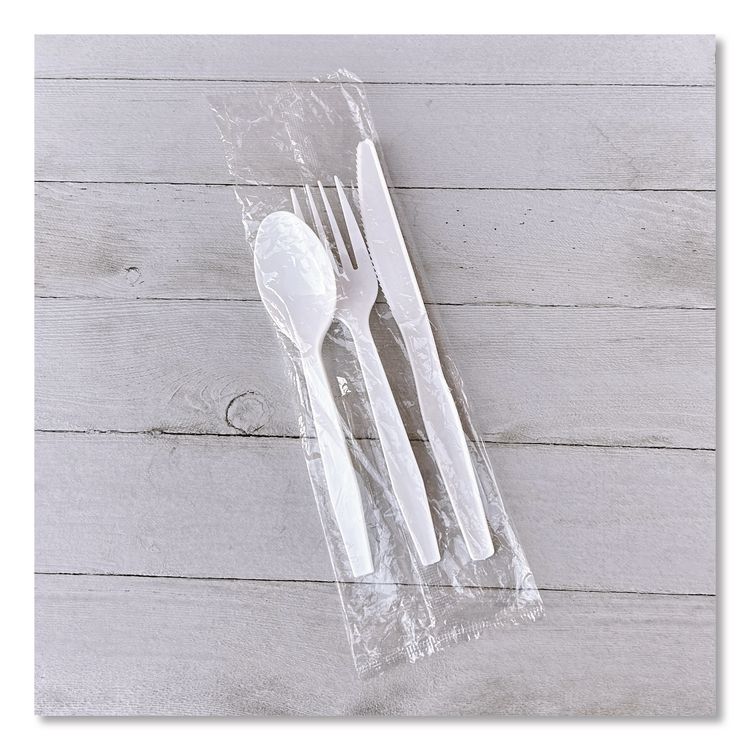 Three-Piece Polystyrene Cutlery Kit, Heavyweight, Fork/Knife/Spoon, Plastic, White, 250/Carton