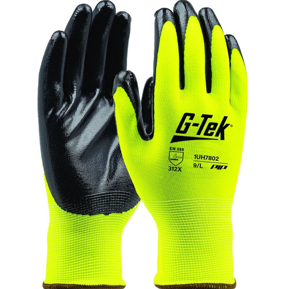G-Tek by PIP HI-VIS Knit Polyest Glove Nitrile Smooth P/F L, 12 Pairs/Dozen