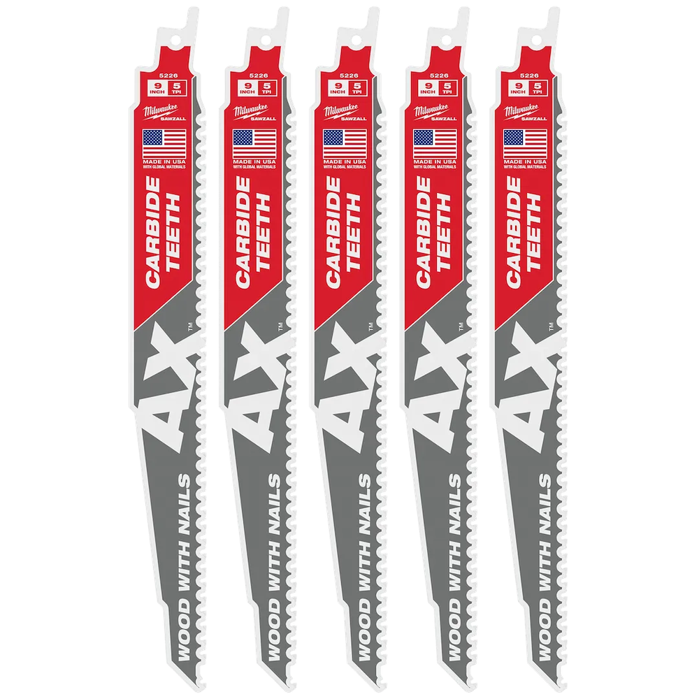 Milwaukee Tool 9 IN. 5 TPI The AX Carbide Teeth Sawzall Blades, 5/Pack