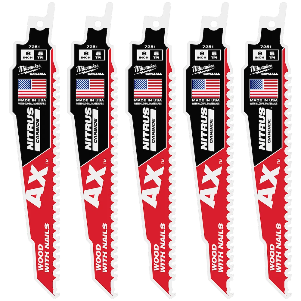 Milwaukee Tool 6" 5 TPI AX Carbide Teeth Blade For Wood W/NAILS, 5/Pack