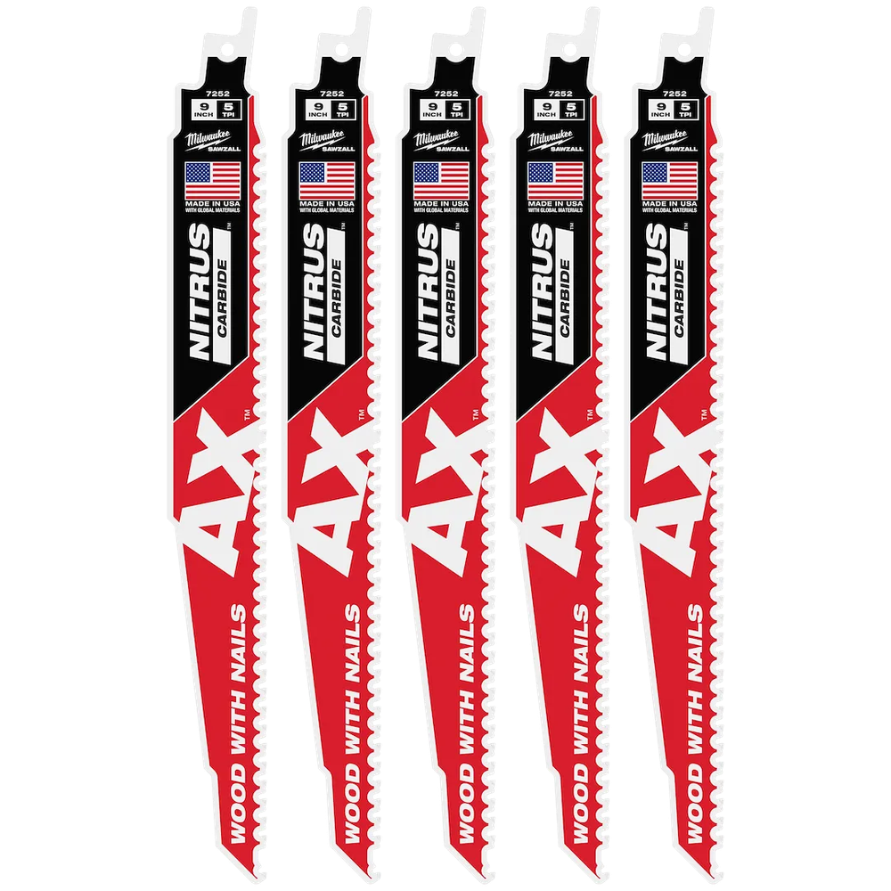 Milwaukee Tool 9" 5 TPI AX Carbide Teeth Blade For Wood W/NAILS, 5/Pack