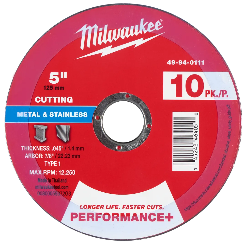 Milwaukee Tool 5"X .045"X7/8"PERFORMANCE Metal Cut OFF Wheel, 10/Pack