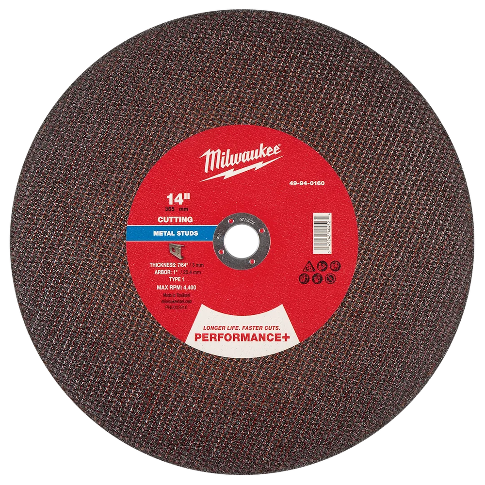 Milwaukee Tool 14"X 7/64"X1"PERFORM Metal Cut Wheel Stud Cutter