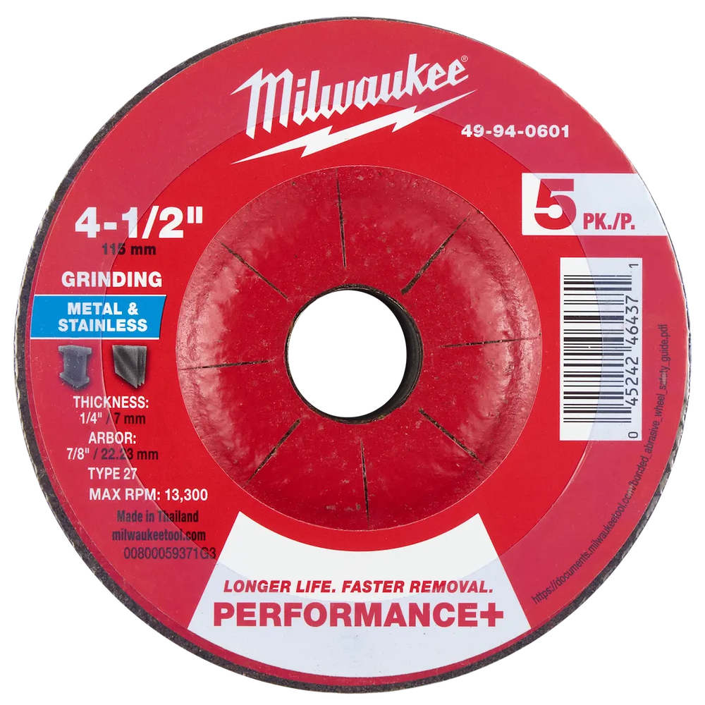 Milwaukee Tool 4-1/2" X 1/4"X7/8" Performance Metal Grind Wheel, 5/Pack