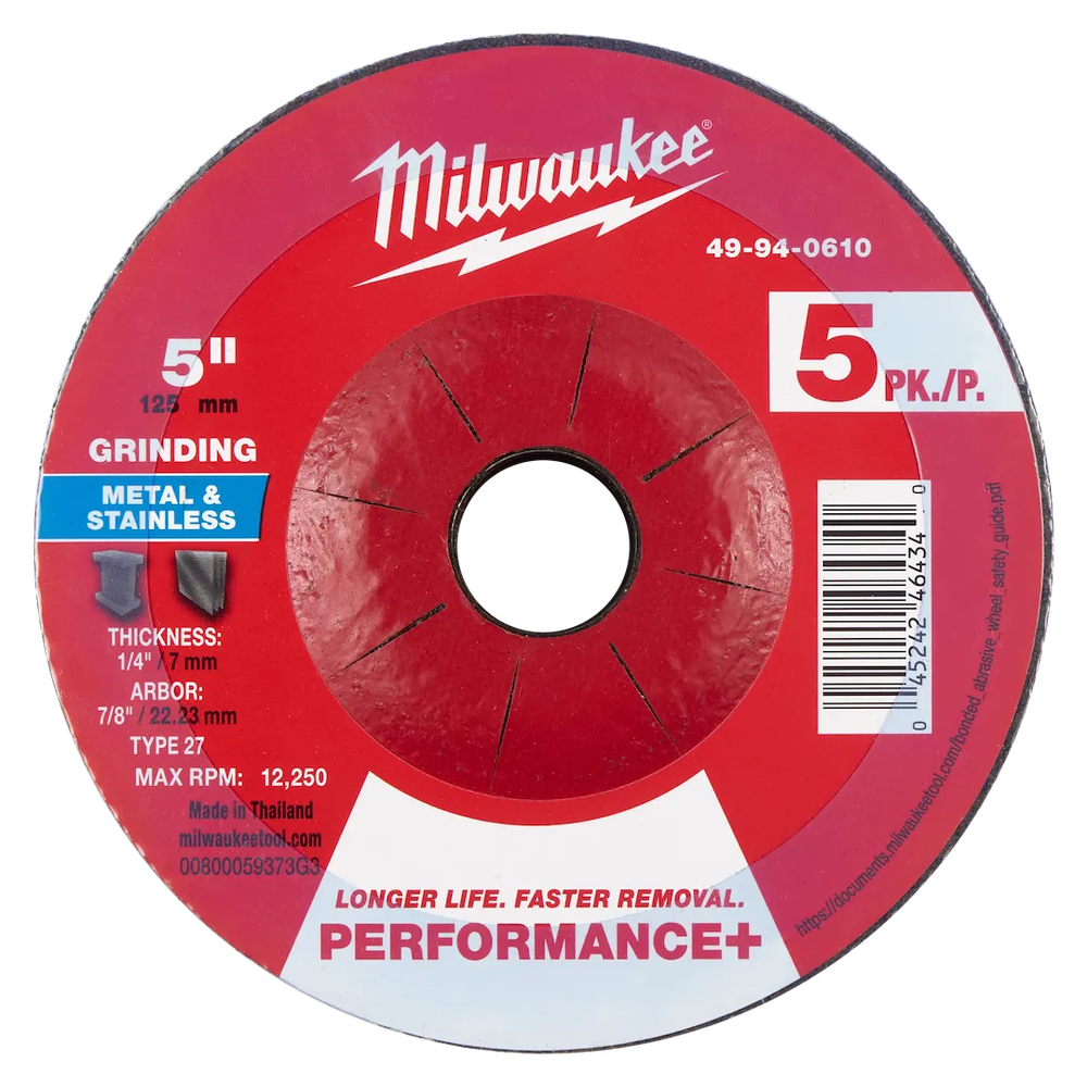 Milwaukee Tool 5" X 1/4" X 7/8" Performance Metal Grind Wheel, 5/Pack