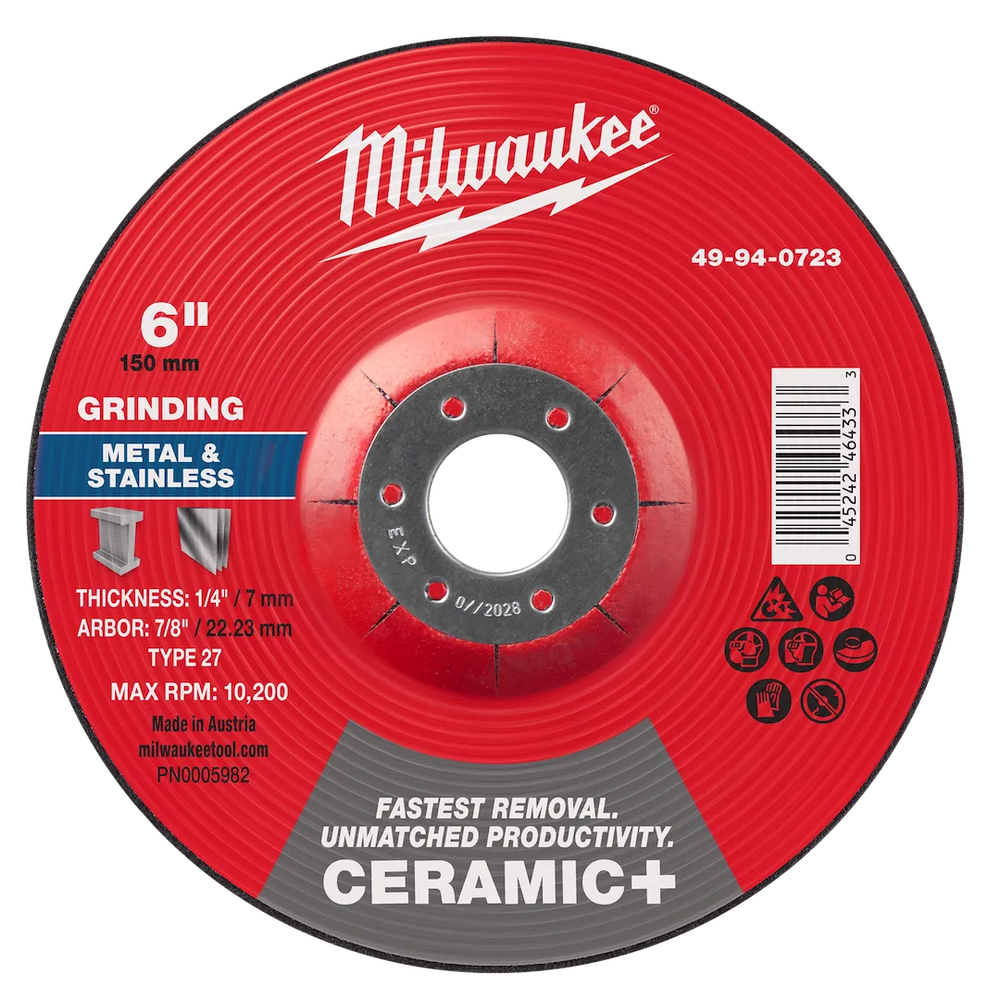 Milwaukee Tool 6" X 1/4" X 7/8" Ceramic+ Metal Grinding Wheel