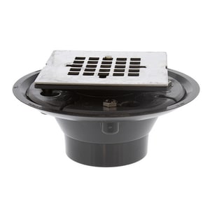 2 x 3 PVC Shower Drain with 2 in. PVC Spud and 4 in. Square Stainless Steel Snap-In Strainer
