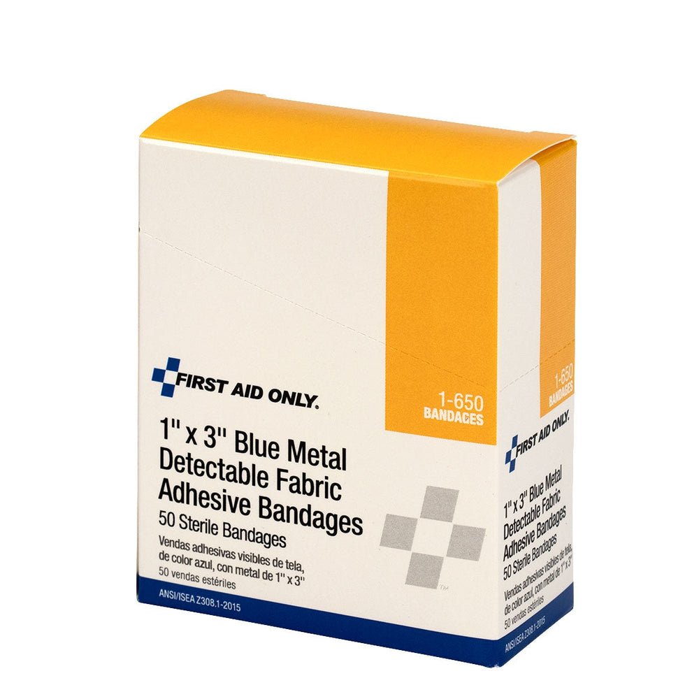 First Aid Only 1"x3" Blue Metal Detectable Fabric Bandages, 50 Per Box