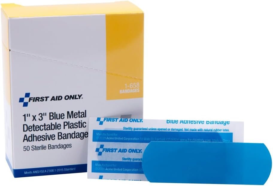 First Aid Only 1"x3" Blue Metal Detectable Plastic Bandages, 50 Per Box