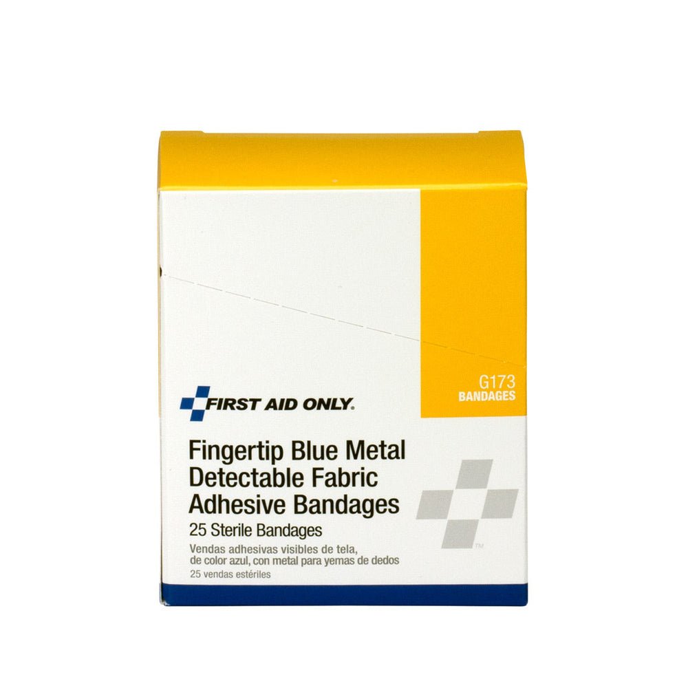 First Aid Only Blue Metal Detectable Fabric Fingertip Bandages, 25 Per Box