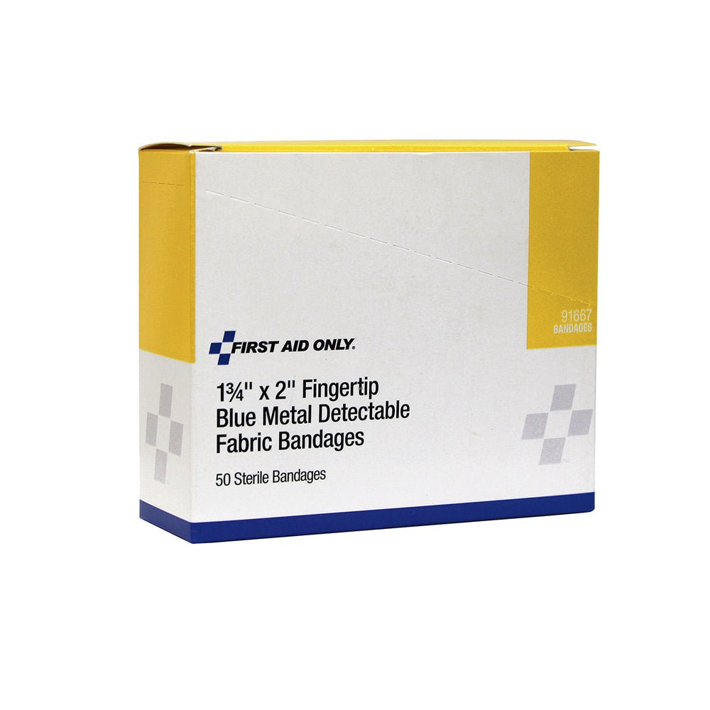 First Aid Only Fingertip Blue Metal Detectable Adhesive Fabric Bandages, 50 per Box