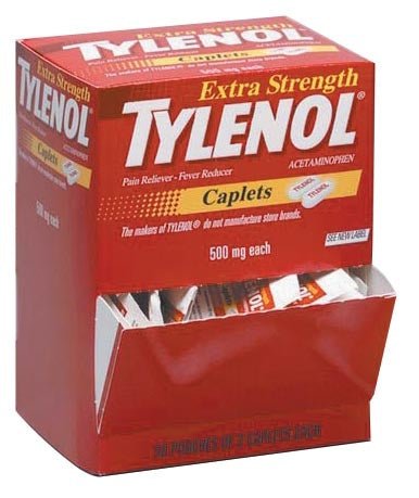PhysiciansCare Tylenol Extra Strength Acetaminophen 50 Individually wrapped packets of medication containing two tablets, 500mg.
