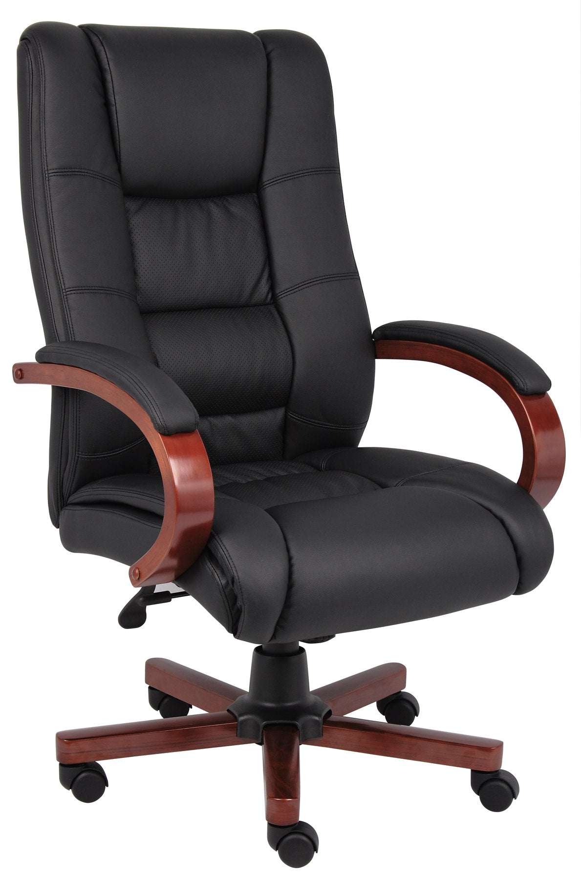 Boss CaressoftPlus High-Back Executive Chair - Black Seat Color - Vinyl Seat Material - Black, Cherry Wood Frame Color - Wood Frame Material - 1 Each